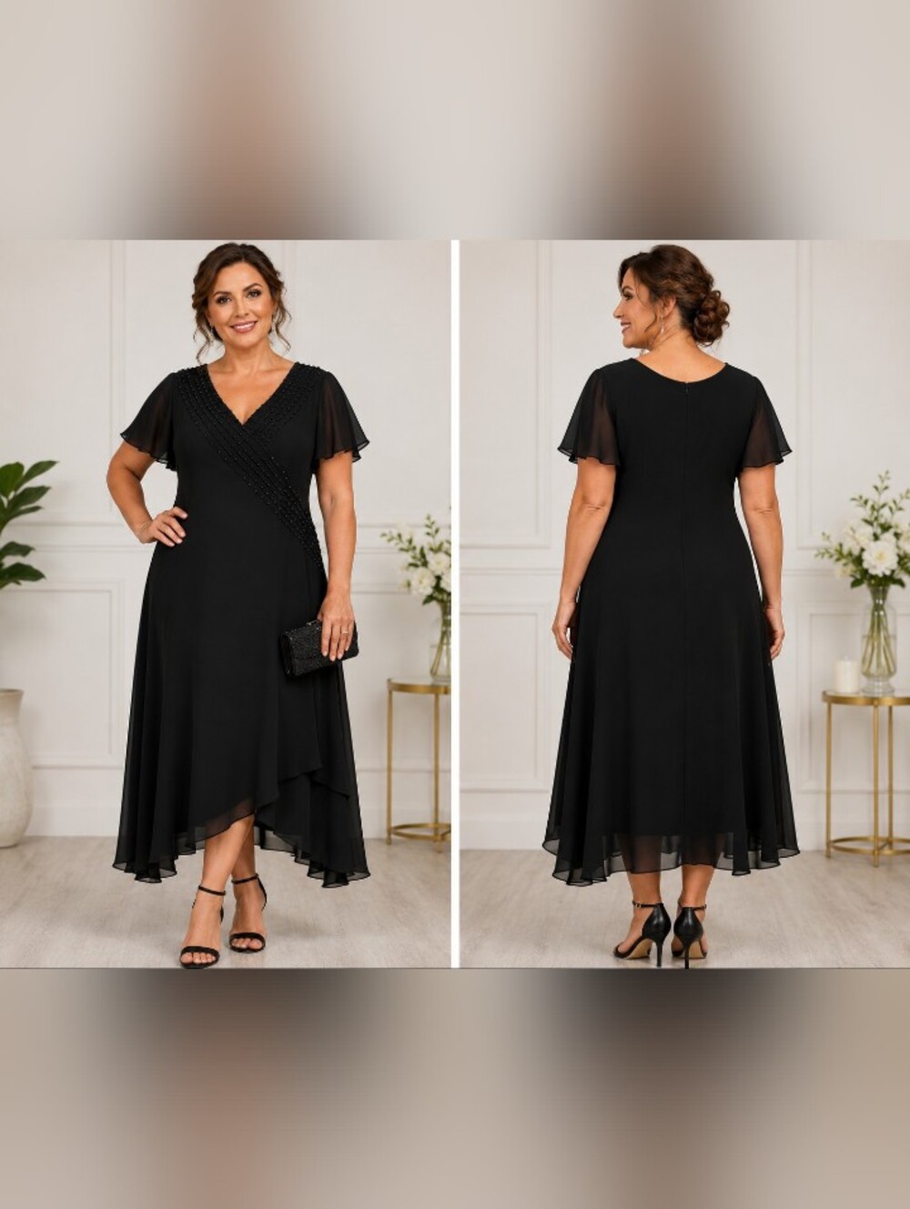sandra darren black beaded chiffon midi dress flutter sleeve evening cocktail 16